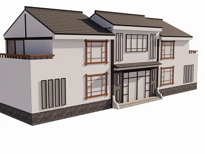 Rural Self Built House Exterior Design With White Walls Tiled Roof And Wooden Frames 3d model