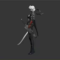 Woman In Black Armor With White Helmet Holding Long Sword Standing On Gray Background 3d model