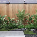 Lush Courtyard Garden With Wooden Wall Tropical Plants Stones And Stone Tile Flooring