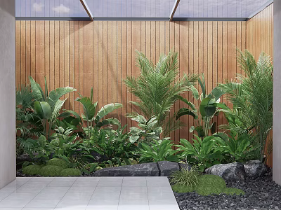 Lush Courtyard Garden With Wooden Wall Tropical Plants Stones And Stone Tile Flooring 3d model