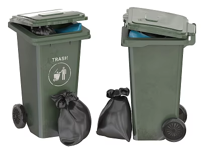 Green Trash Bins With Wheels Open Lid And Black Garbage Bags 3d model