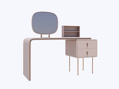 Modern Light Colored Dressing Table With Oval Mirror Small Shelf And Drawers 3d model