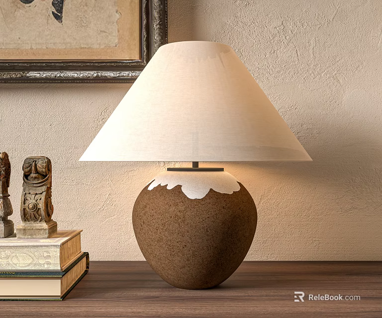 Decorative Brown Ceramic Table Lamp With White Lampshade On Wooden Desk 3d model 