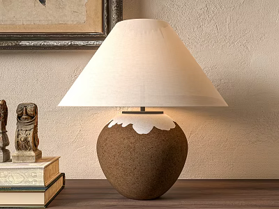 Decorative Brown Ceramic Table Lamp With White Lampshade On Wooden Desk 3d model