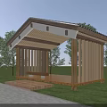 Wooden Garden Pavilion Sloped Roof Vertical Panels Near Trees on Lawn and Stone Path