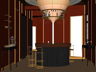 Modern Bar Interior with Red Walls Gold Accents Chandelier and Bar Stools Design 3d model