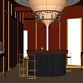 Modern Bar Interior with Red Walls Gold Accents Chandelier and Bar Stools Design
