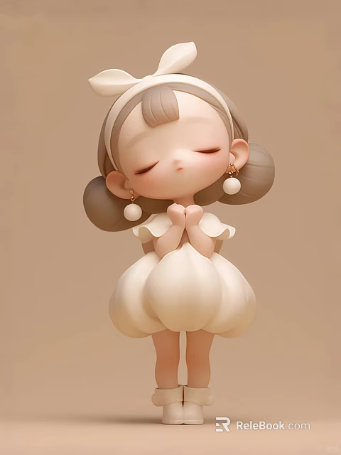 Cute Cartoon Girl Figurine Decorative Ornament Set With Pearl Earrings Pigtails And Pastel Bubble Dress 3d model 