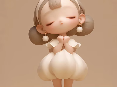 Cute Cartoon Girl Figurine Decorative Ornament Set With Pearl Earrings Pigtails And Pastel Bubble Dress 3d model