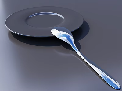 Modern Sleek Tableware Set with Plate and Spoon on Dark Surface 3d model