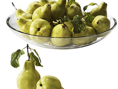 Fresh Green Pears With Leaves In Glass Bowl On White Background 3d model