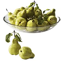 Fresh Green Pears With Leaves In Glass Bowl On White Background