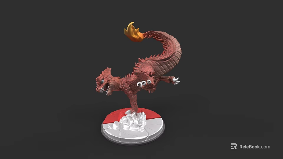 Detailed Red Dragon Doll With Flaming Tail Standing On Round Base Figurine 3d model 