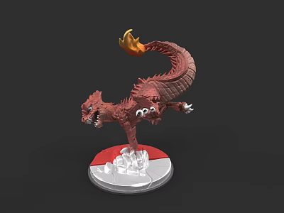 Detailed Red Dragon Doll With Flaming Tail Standing On Round Base Figurine 3d model