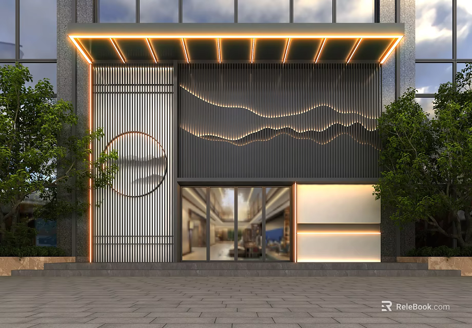 Modern Storefront Facade With Wavy Metal Panel Warm LED Lighting Glass Door And Green Plants 3d model 