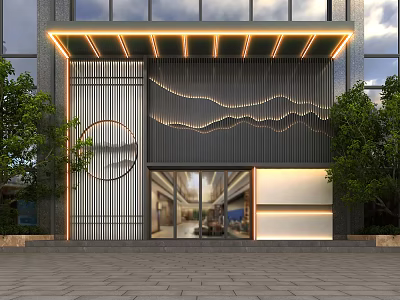 Modern Storefront Facade With Wavy Metal Panel Warm LED Lighting Glass Door And Green Plants 3d model