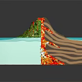 Cartoon Volcano Scene With Cross Section Lava Flow Green Vegetation And Blue Ocean
