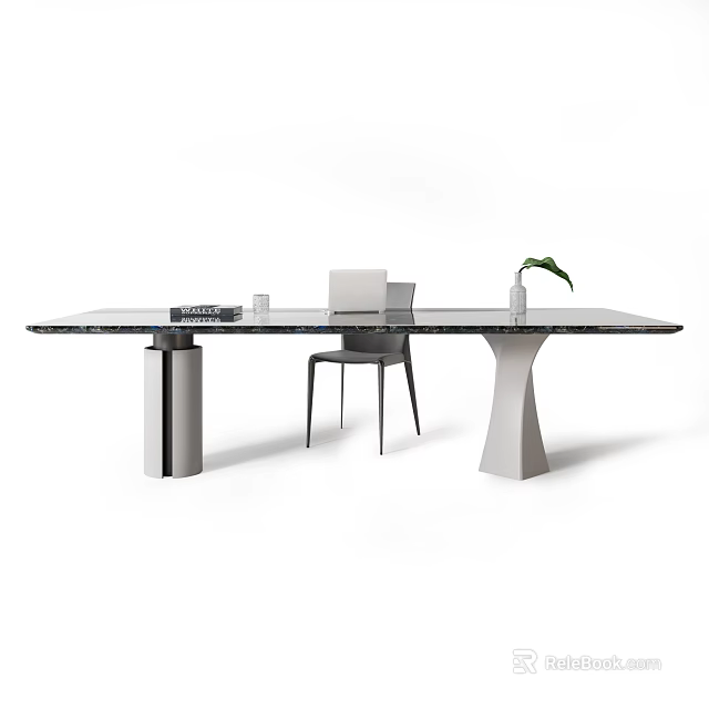 Modern Rectangular Desk With Metal And White Pedestal Bases Books Cup Potted Plant And Chair 3d model 