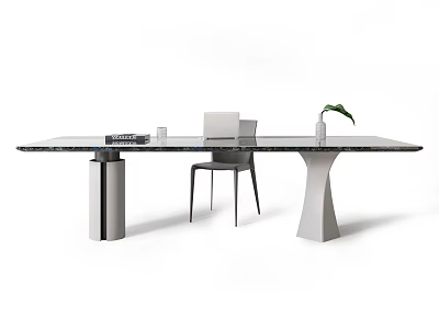 Modern Rectangular Desk With Metal And White Pedestal Bases Books Cup Potted Plant And Chair 3d model