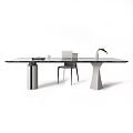 Modern Rectangular Desk With Metal And White Pedestal Bases Books Cup Potted Plant And Chair