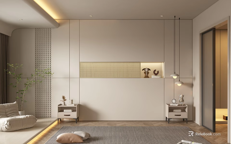 Modern Minimalist Bedroom Accent Wall With Panel Design Recessed Lighting And Decorative Side Tables 3d model 