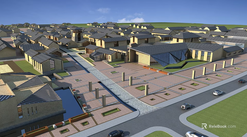 Aerial View Residential Community Planning with Traditional Buildings Organized Streets Green Spaces and Water Features 3d model 