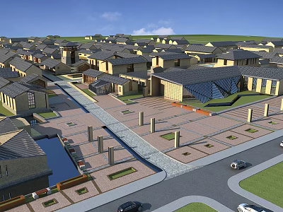 Aerial View Residential Community Planning with Traditional Buildings Organized Streets Green Spaces and Water Features 3d model