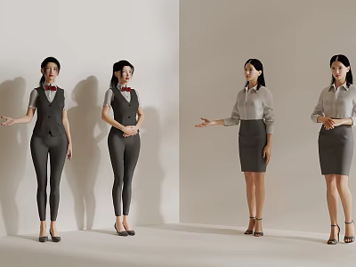 Women in Professional Attire with Different Outfits and Various Poses Against White Background 3d model