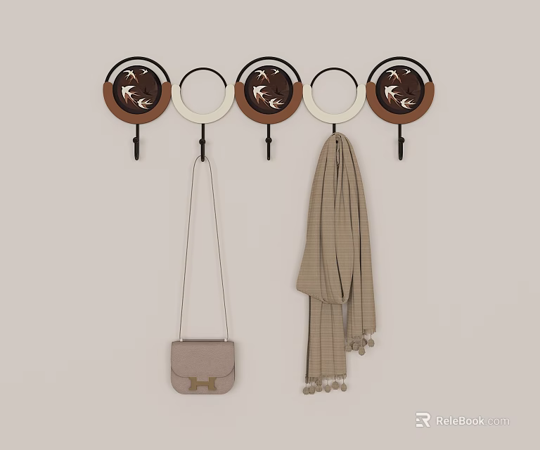 Decorative Round Wall Hooks With Hanging Light Bag And Beige Plaid Scarf 3d model 