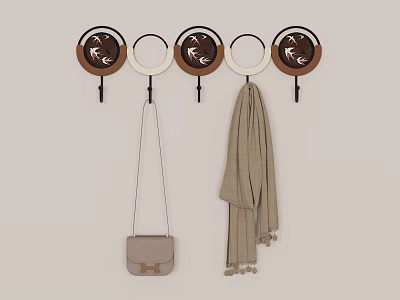 Decorative Round Wall Hooks With Hanging Light Bag And Beige Plaid Scarf 3d model