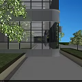 Modern Office Building Featuring Glass Curtain Wall and Landscaped Gardens Near Tall Buildings