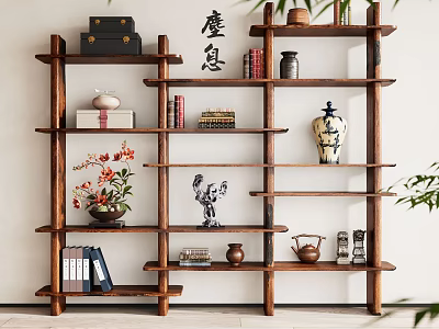 Wooden Shelving Unit in Modern Interior with Books Vases Decorations Tea Sets and Potted Plants 3d model