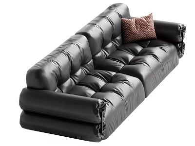 Black Leather Multi Seater Sofa with Quilted Design and Red Patterned Cushion 3d model