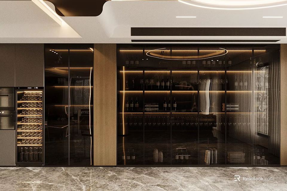 Elegant Modern Kitchen Sideboard With Glass Doors Wooden Frame And Wine Storage 3d model 