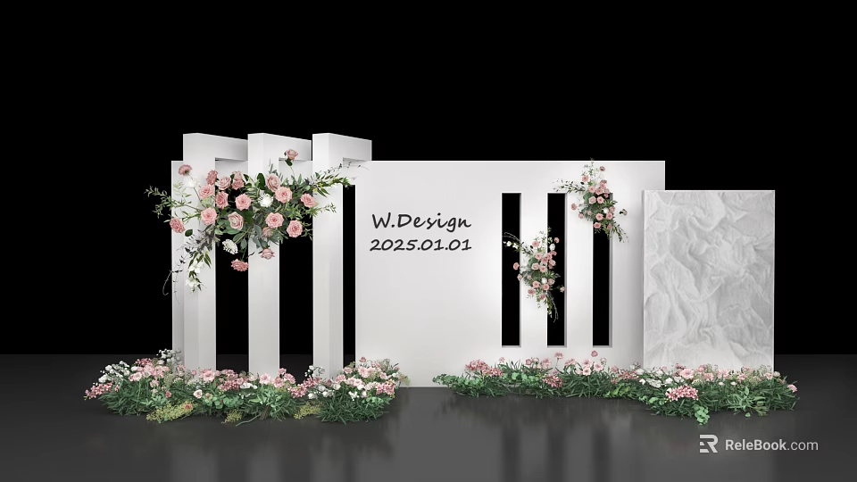 Elegant Floral Installation With White Screen And Pink White Flowers Decor 3d model 