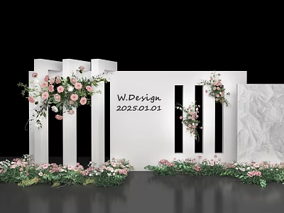 Elegant Floral Installation With White Screen And Pink White Flowers Decor 3d model