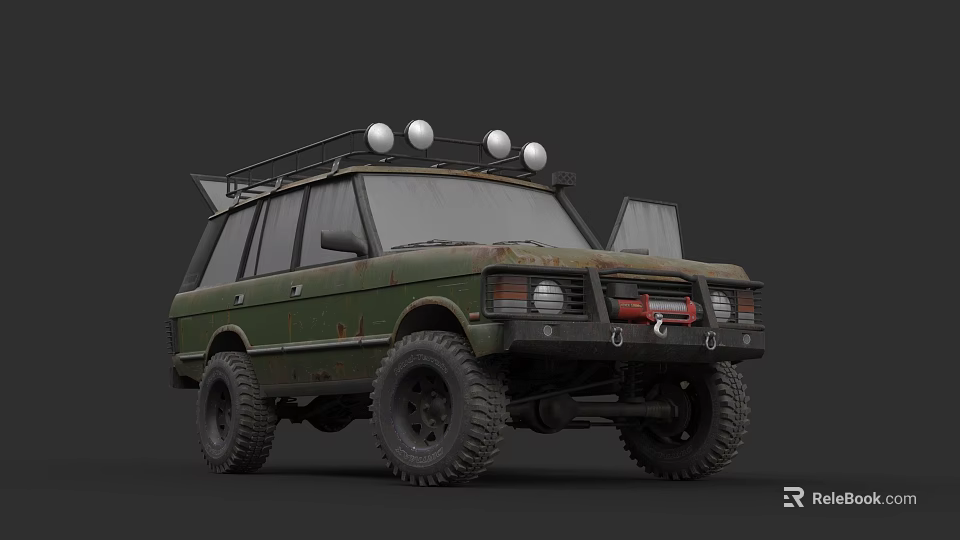 Green Vintage Off Road Vehicle with Roof Rack Spotlights and Large Tires 3d model 