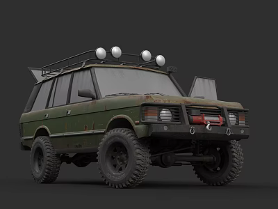 Green Vintage Off Road Vehicle with Roof Rack Spotlights and Large Tires 3d model
