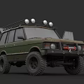 Green Vintage Off Road Vehicle with Roof Rack Spotlights and Large Tires