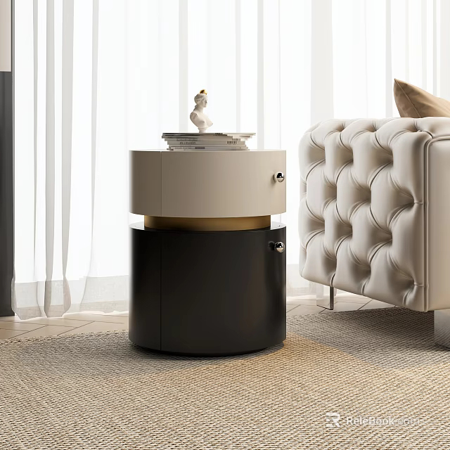 Modern Black And White Side Table With Gold Accent And Tufted Sofa Decor 3d model 