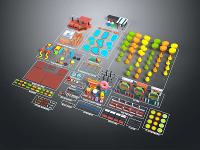 Colorful Cartoon Scene Elements With Various Characters And Playful Items Collection 3d model