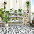 Outdoor Flower Stand With Lush Green Plants And Decorative Wall Vines