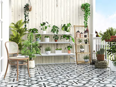 Outdoor Flower Stand With Lush Green Plants And Decorative Wall Vines 3d model