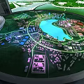 Modern Sales Office Featuring Circular Ceiling Lighting Strips Large Display Green Landscape Water Pool