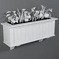Stylish White Wooden Slat Garden Planter Box With Green Plants And Pink Flowers