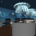 Modern Blue Restaurant Interior With Curved Bar Counter And Hanging Leaf Lamps