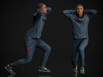 Men In Dark Sportswear Performing Stretching Exercises Against Black Background 3d model