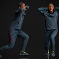 Men In Dark Sportswear Performing Stretching Exercises Against Black Background 3d model