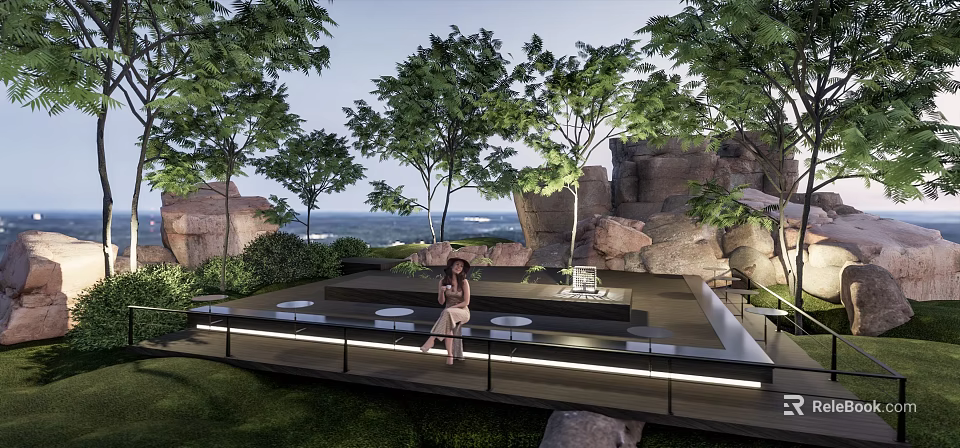 Scenic Park Landscape With Lush Trees Rocky Outcrops Seaside View And Illuminated Seating Platform 3d model 