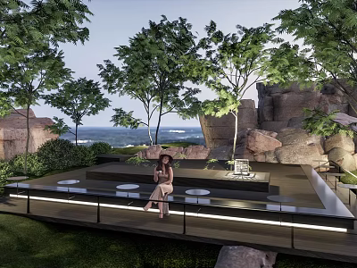 Scenic Park Landscape With Lush Trees Rocky Outcrops Seaside View And Illuminated Seating Platform 3d model